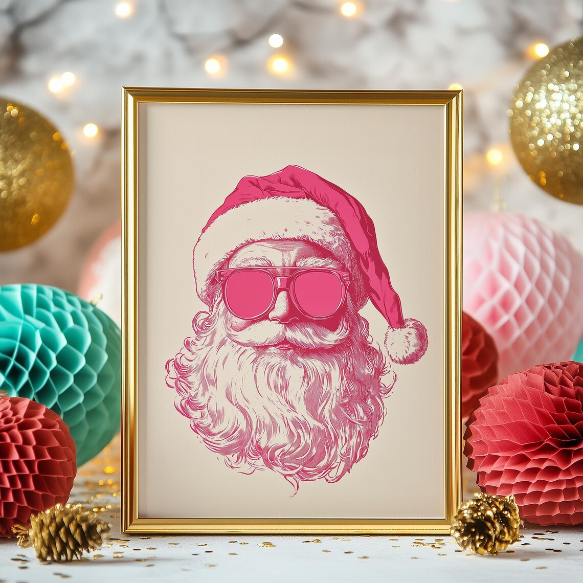 Trendy Pink Santa Claus Wall Art Santa Sunglasses Poster Girly Christmas Dorm Print Seasonal Holiday Decor Pink Christmas Art - Image 3