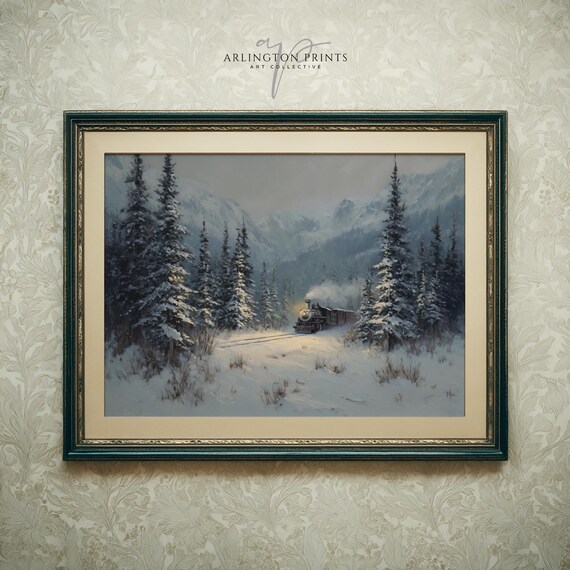 Snowy Mountain Steam Train Winter Forest Classic Christmas Poster