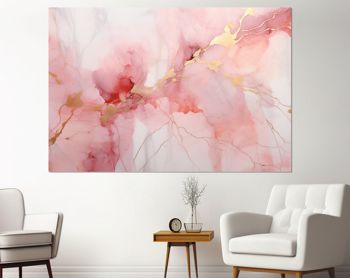 Blush Pink Marble Gold Veins Triptych Abstract Modern Elegant Poster - Image 4