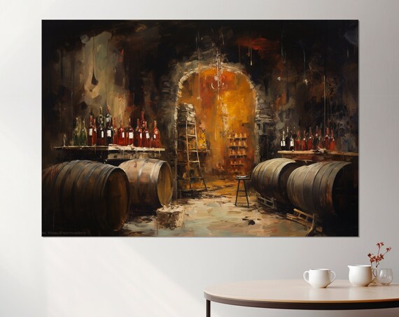 Wine Cellar Stone Archway Oil Painting Oak Barrels Bottles Wall Art Poster