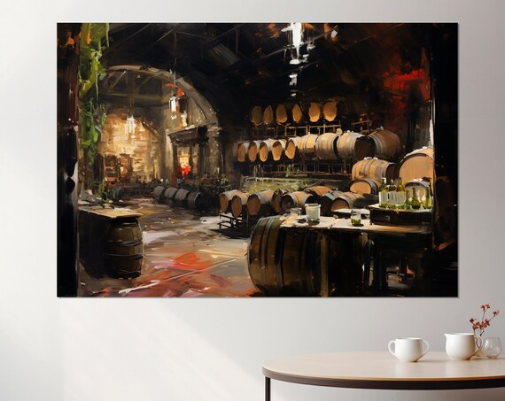 Wine Cellar Vintage Oil Painting Oak Barrels Candlelight Wall Art Poster