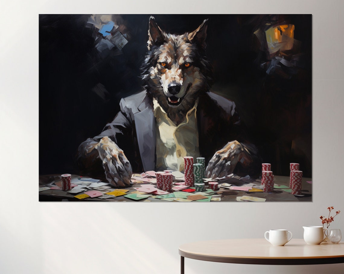 Wolf Playing Poker Suit Casino Table Chips Cards Dark Wall Art Poster
