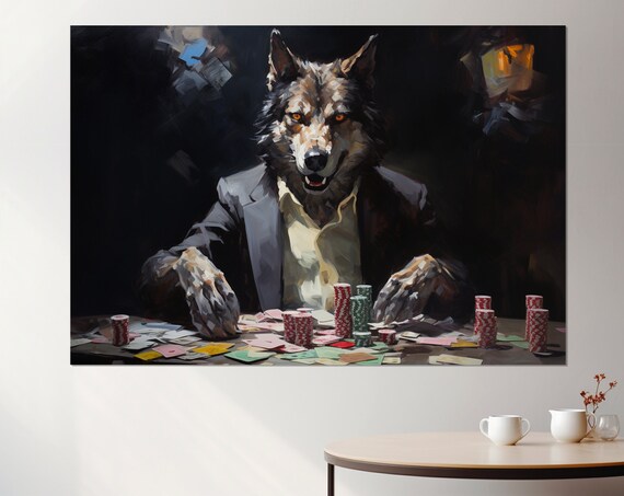 Wolf Playing Poker Suit Casino Table Chips Cards Dark Wall Art Poster