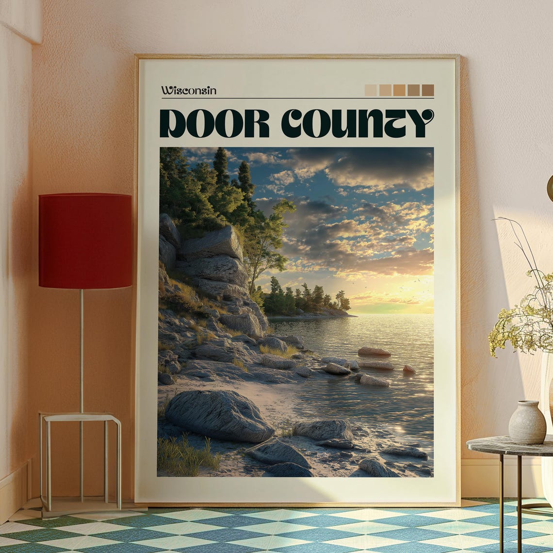 Door County Wisconsin Lake Shore Sunset Rocky Beach Travel Poster - Image 2