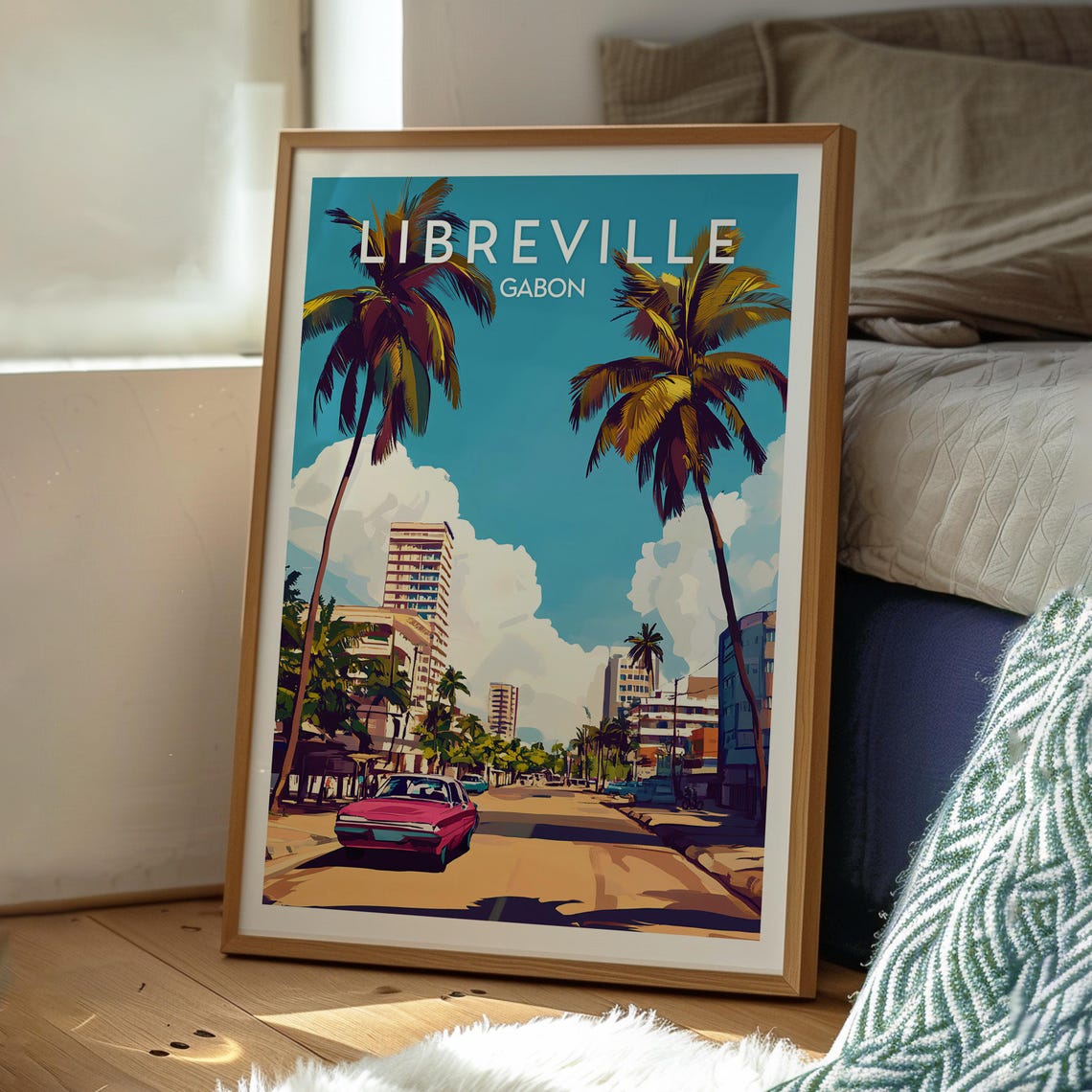 Libreville Gabon Retro Palm Street Classic Car Travel Poster - Image 3