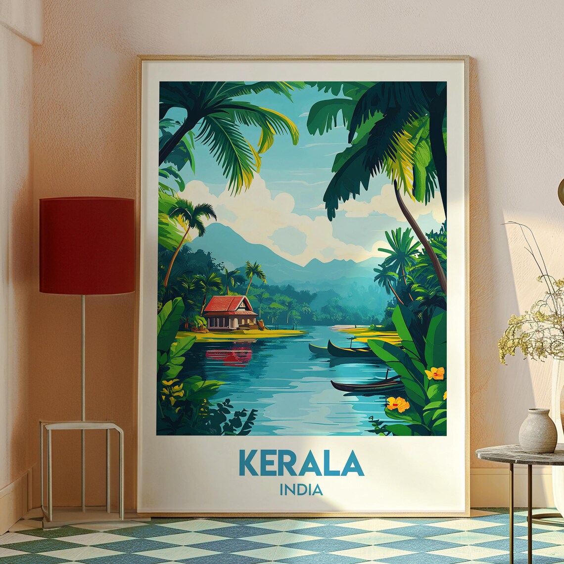Kerala India Lush Backwater Palm Canal Boat Vintage Travel Art Poster - Image 2