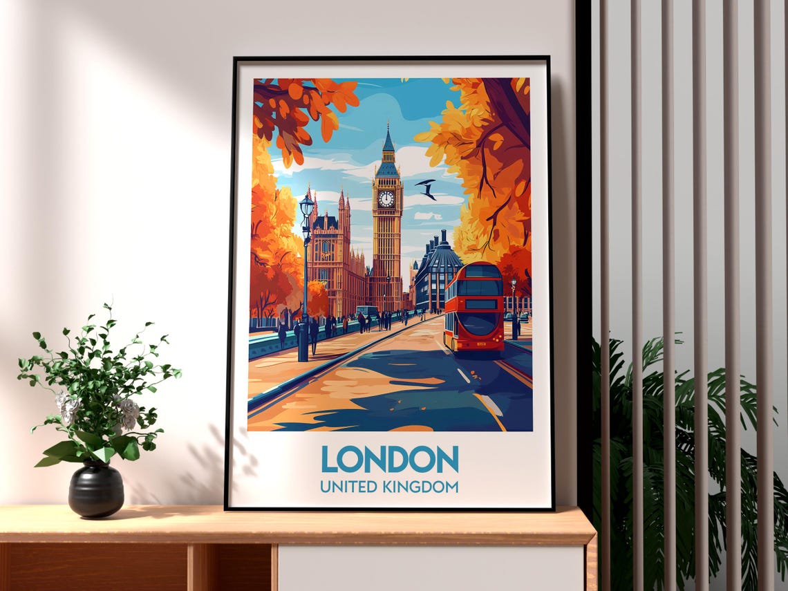 London Big Ben Red Bus Autumn Street City Landmark Travel Poster