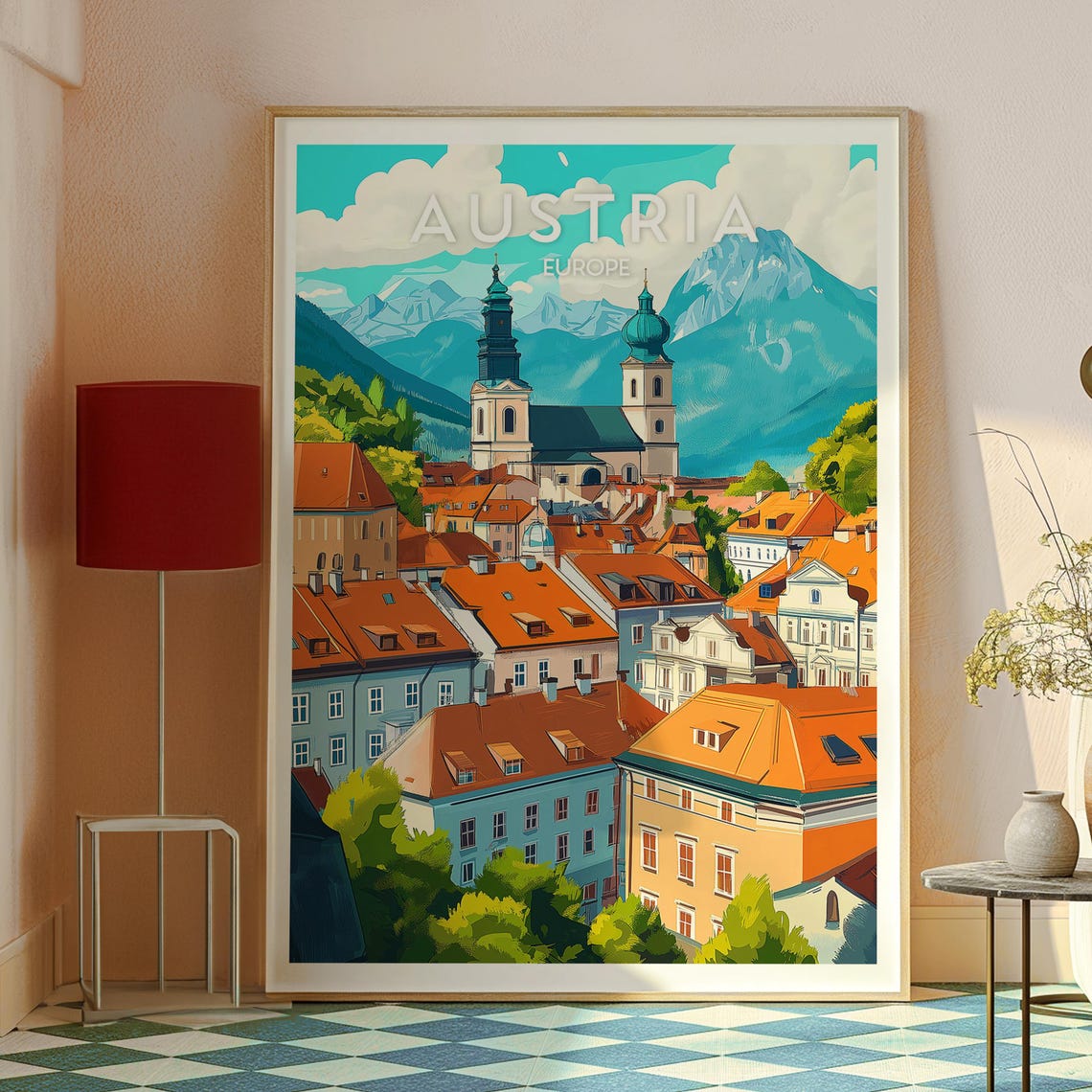 Austria Alps Historic Old Town Twin Church Towers Travel Poster - Image 2