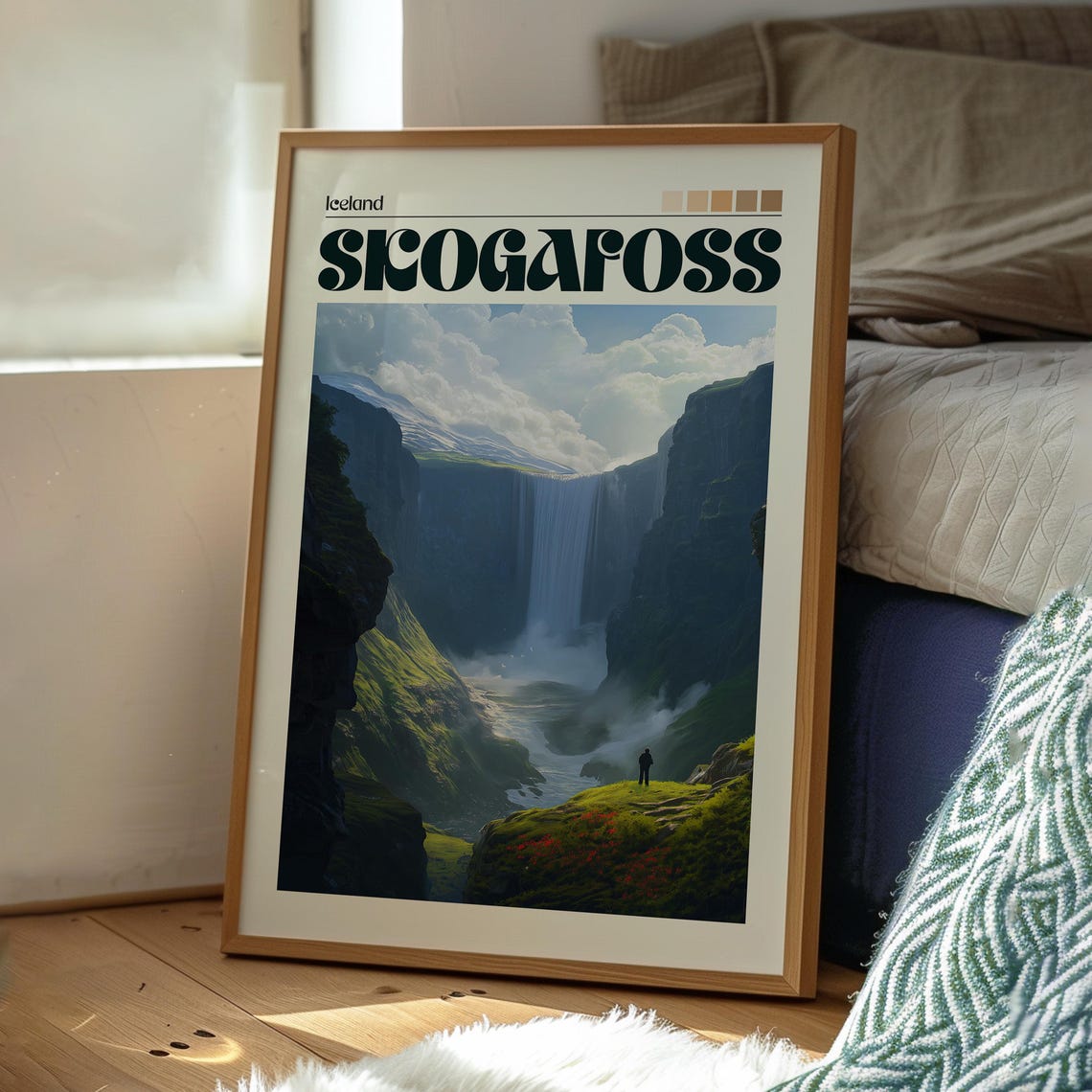 Skogafoss Iceland Waterfall Cliff Gorge Mist Nature View Art Poster - Image 3
