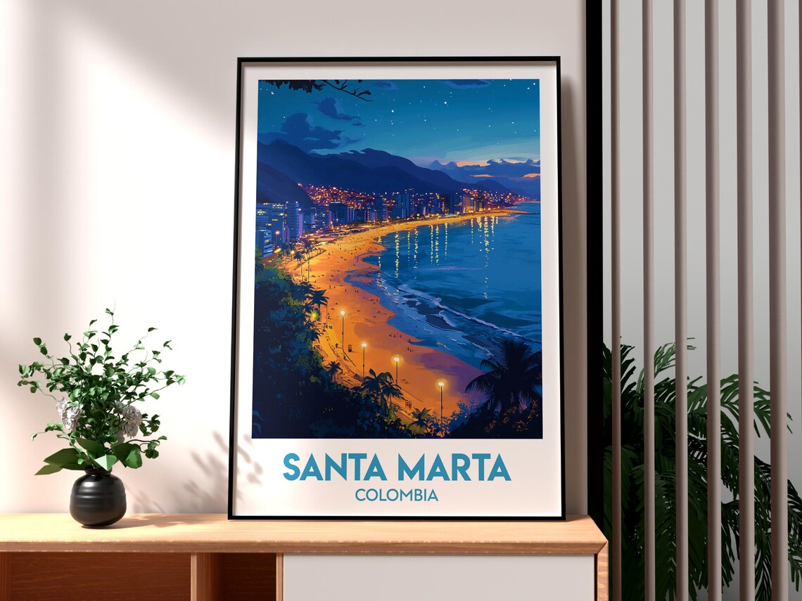 Santa Marta Colombia Night Beach Bay City Lights Tropical Travel Poster