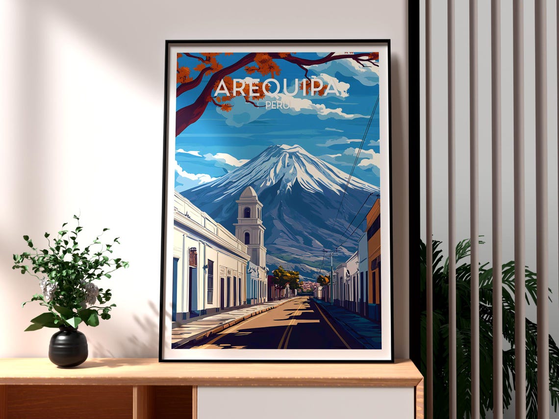 Arequipa Peru Colonial Street Snow Capped Volcano View Poster