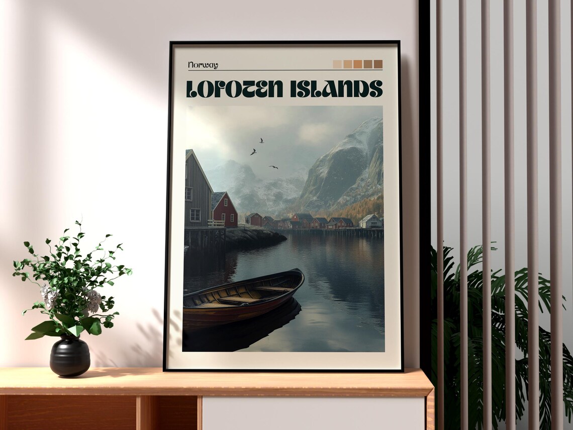 Lofoten Islands Norway Fishing Village Snowy Peaks Boat Travel Poster