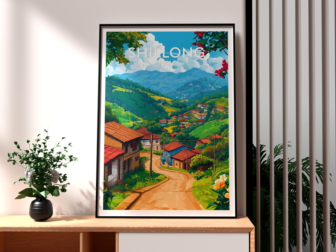 Shillong India Hill Town Winding Red Roof Road Vintage Travel Poster