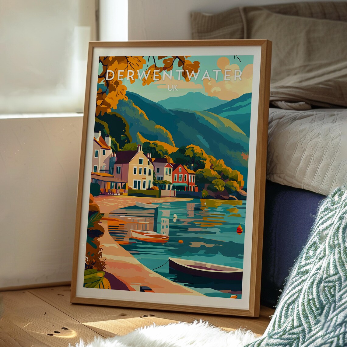 Derwentwater Lake District Autumn Lakeside Village Travel Poster - Image 3