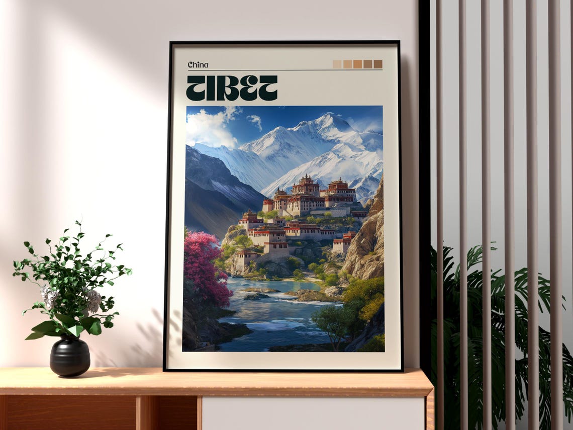 Tibet China Monastery Himalayan Peak River Valley Travel Poster