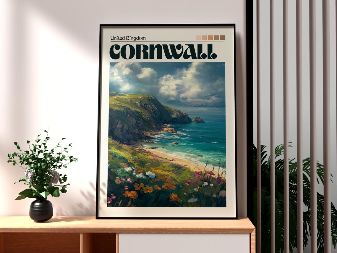 Cornwall England Coastal Cliffs Beach Wildflower Art Travel Poster