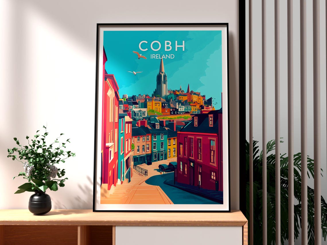 Cobh Ireland Colorful Harbour Town Cathedral Hill Travel Poster