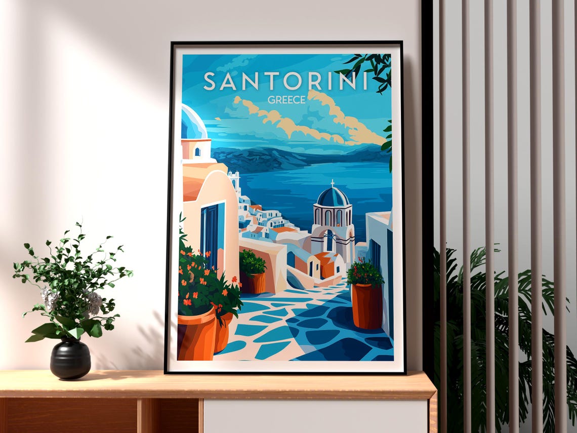 Santorini Greece Blue Dome Church Caldera Sea View Scene Poster