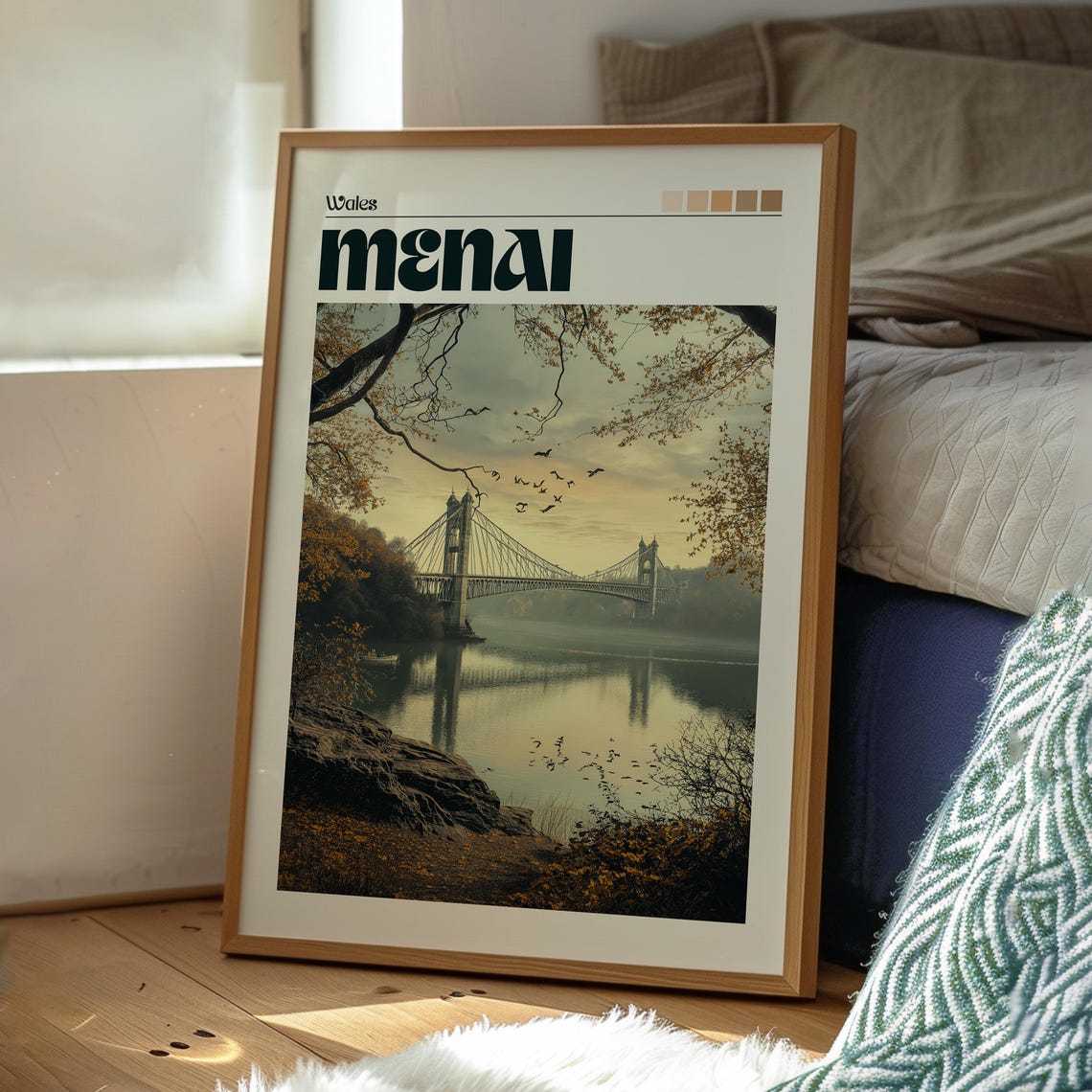 Menai Wales Suspension Bridge Strait Sunset Birds Art Poster - Image 3
