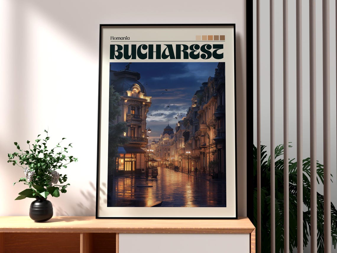 Bucharest Romania Rainy Night Old Town Street Lamps Vintage Poster