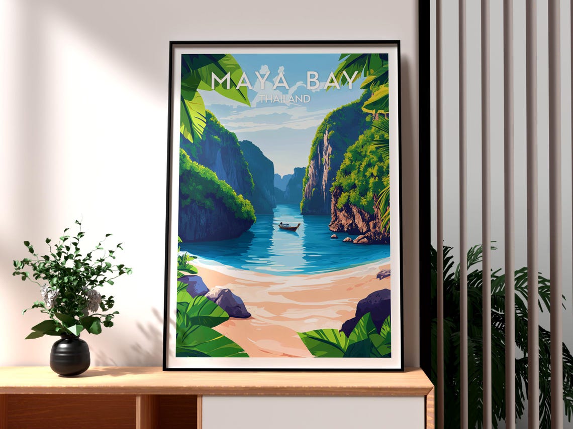 Maya Bay Thailand Limestone Cliffs Longtail Boat Beach Scene Poster