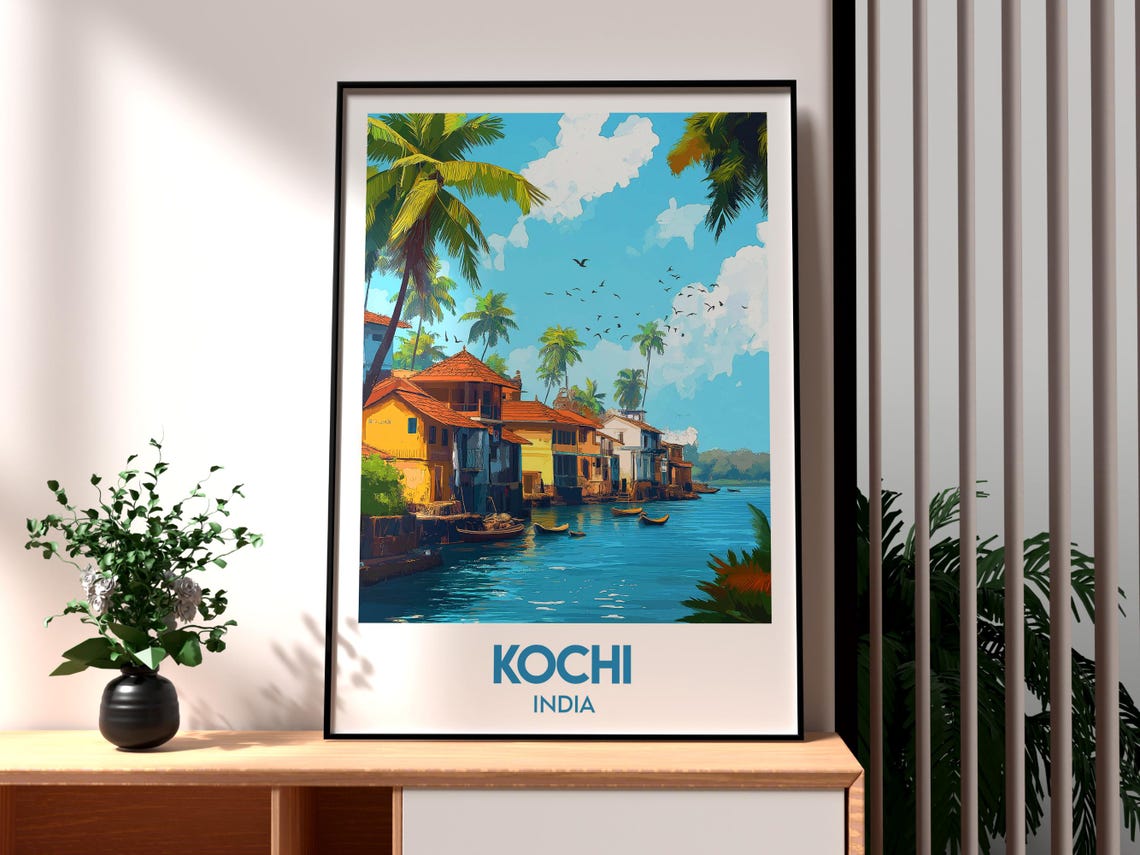 Kochi India Kerala Colorful Backwaters Waterfront Travel Poster