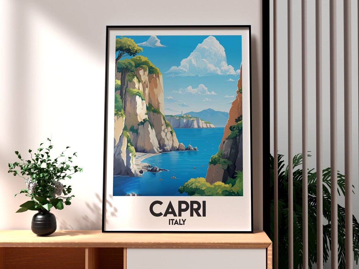 Capri Italy Cliffside Cove And Blue Sea Vintage Travel Poster