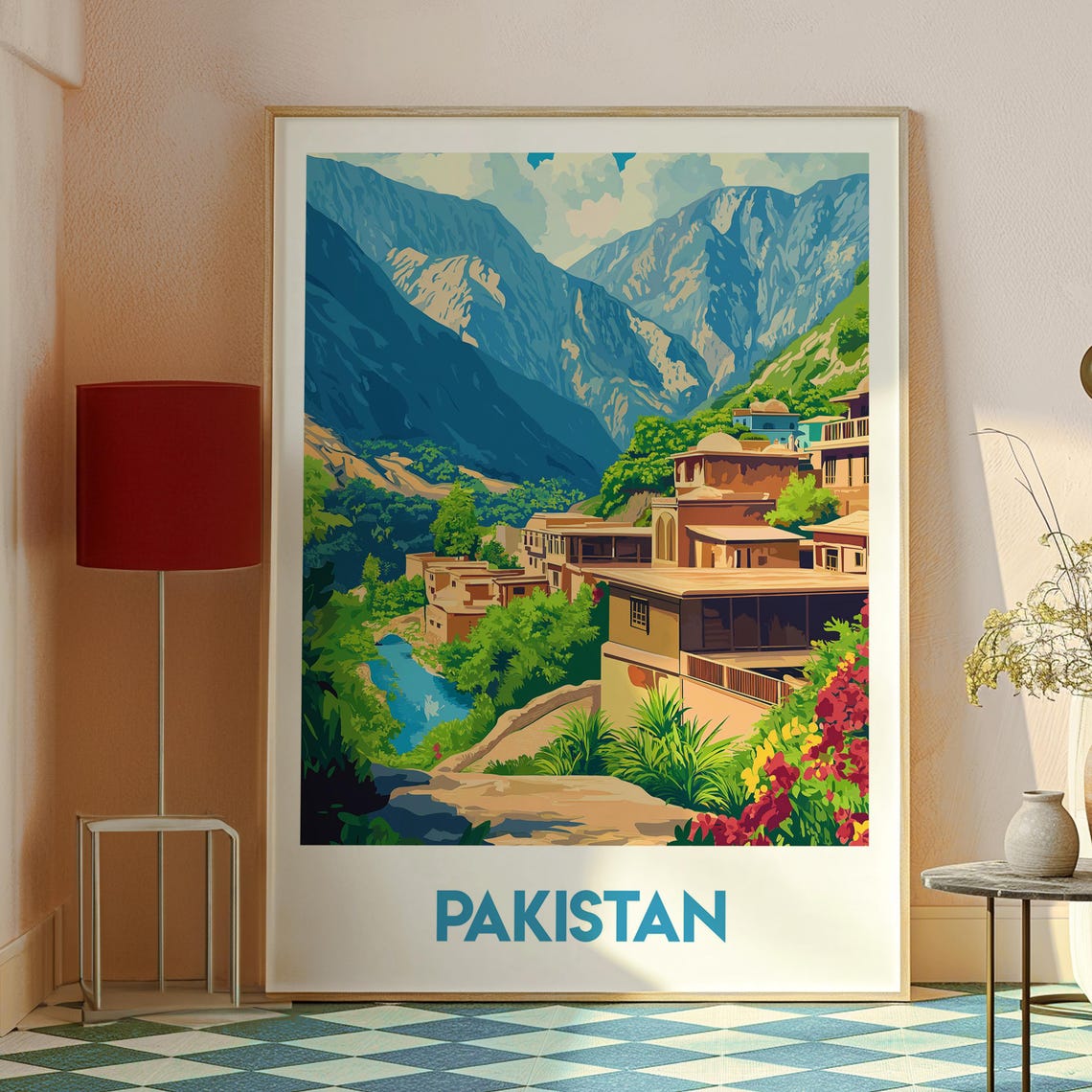 Pakistan Mountain Village River Valley Rugged Peaks Travel Poster - Image 2
