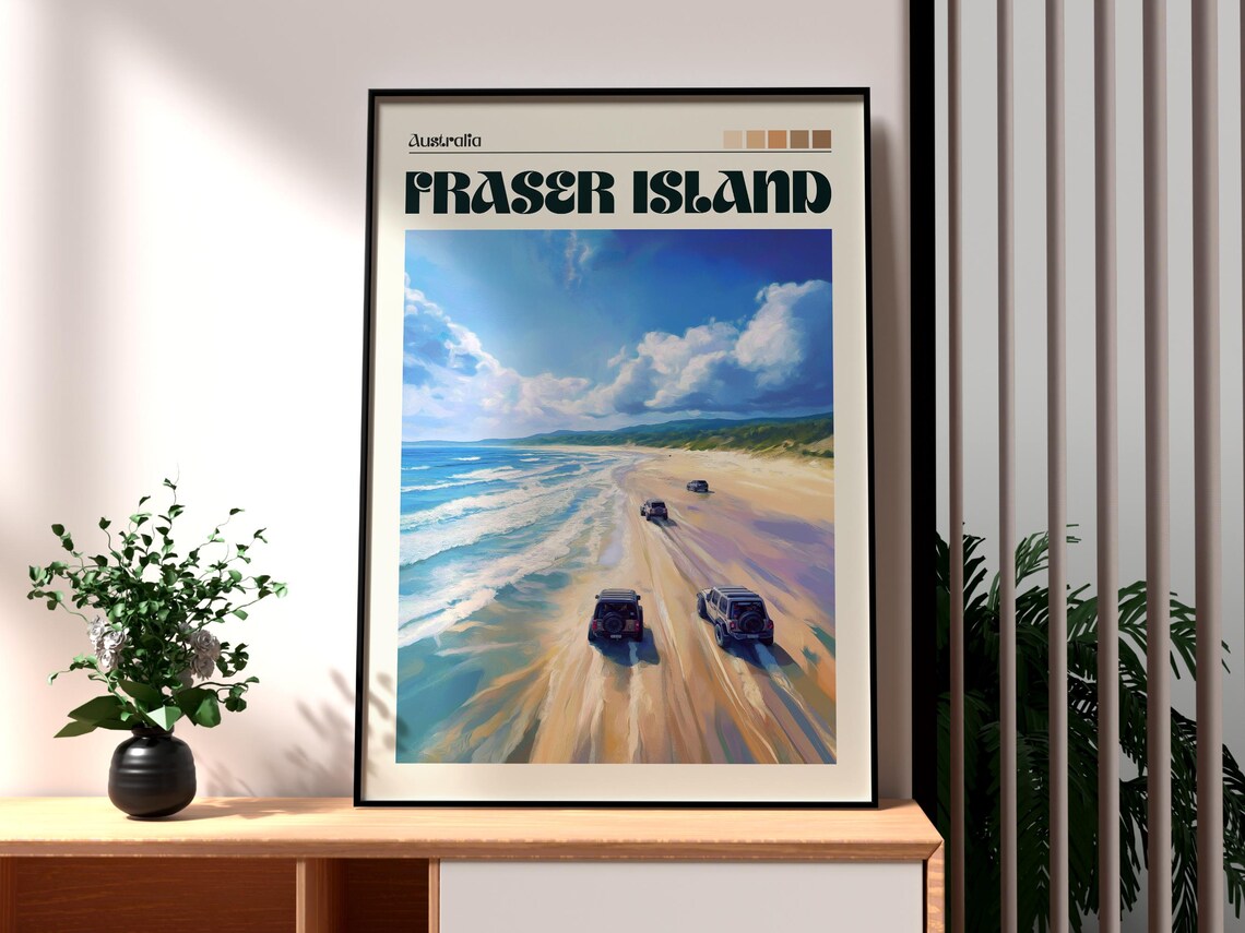 Fraser Island Australia Travel Poster, Coast Jeeps