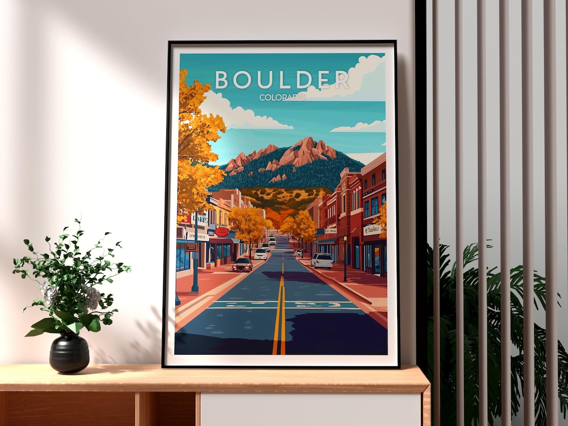Boulder Colorado Skiing Art Poster, Mountain Scene