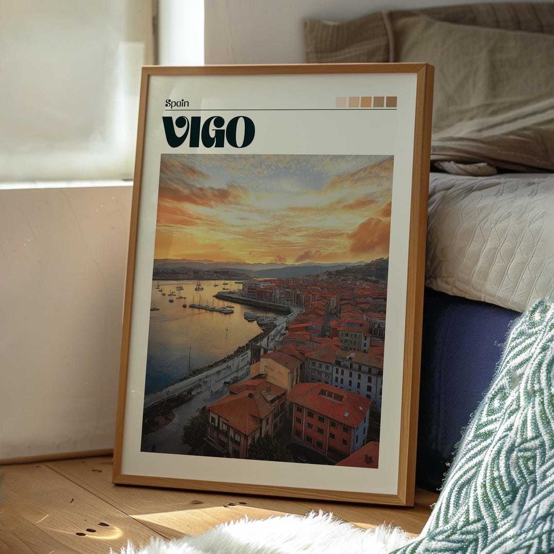 Vigo Spain Harbor Red Rooftops Sunset Sailboats Coast View Art Poster - Image 3