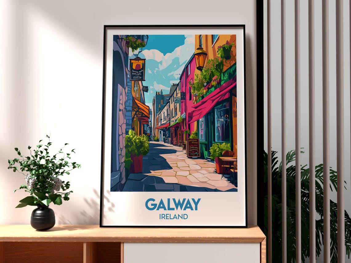 Galway Ireland Colorful Pub Street Lanterns and Bunting Poster