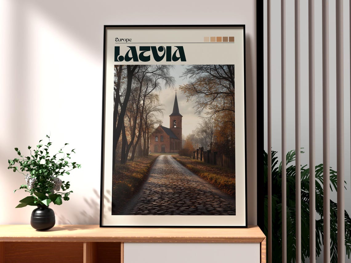 Latvia Europe Old Brick Church Quiet Autumn Cobblestone Road Poster