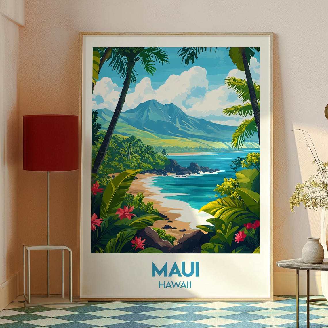 Maui Hawaii Tropical Beach Lagoon Retro Illustrated Travel Poster - Image 2