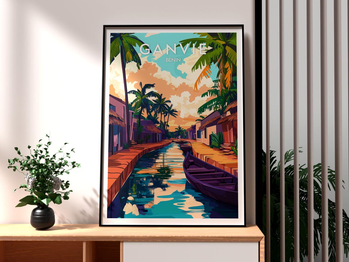 Ganvie Benin Floating Village Canal Palm Boat Vintage Travel Poster