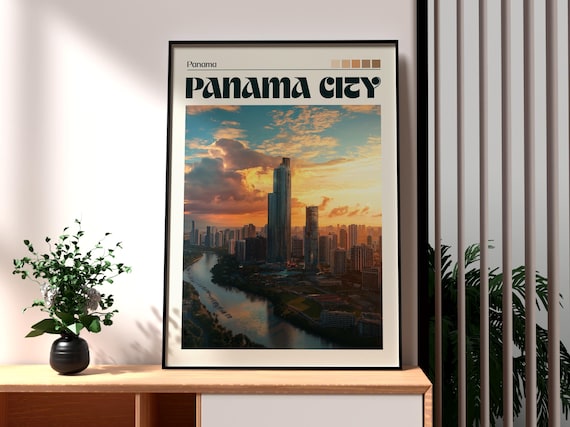 Panama City Panama Modern Skyline River Sunset Aerial View Travel Poster