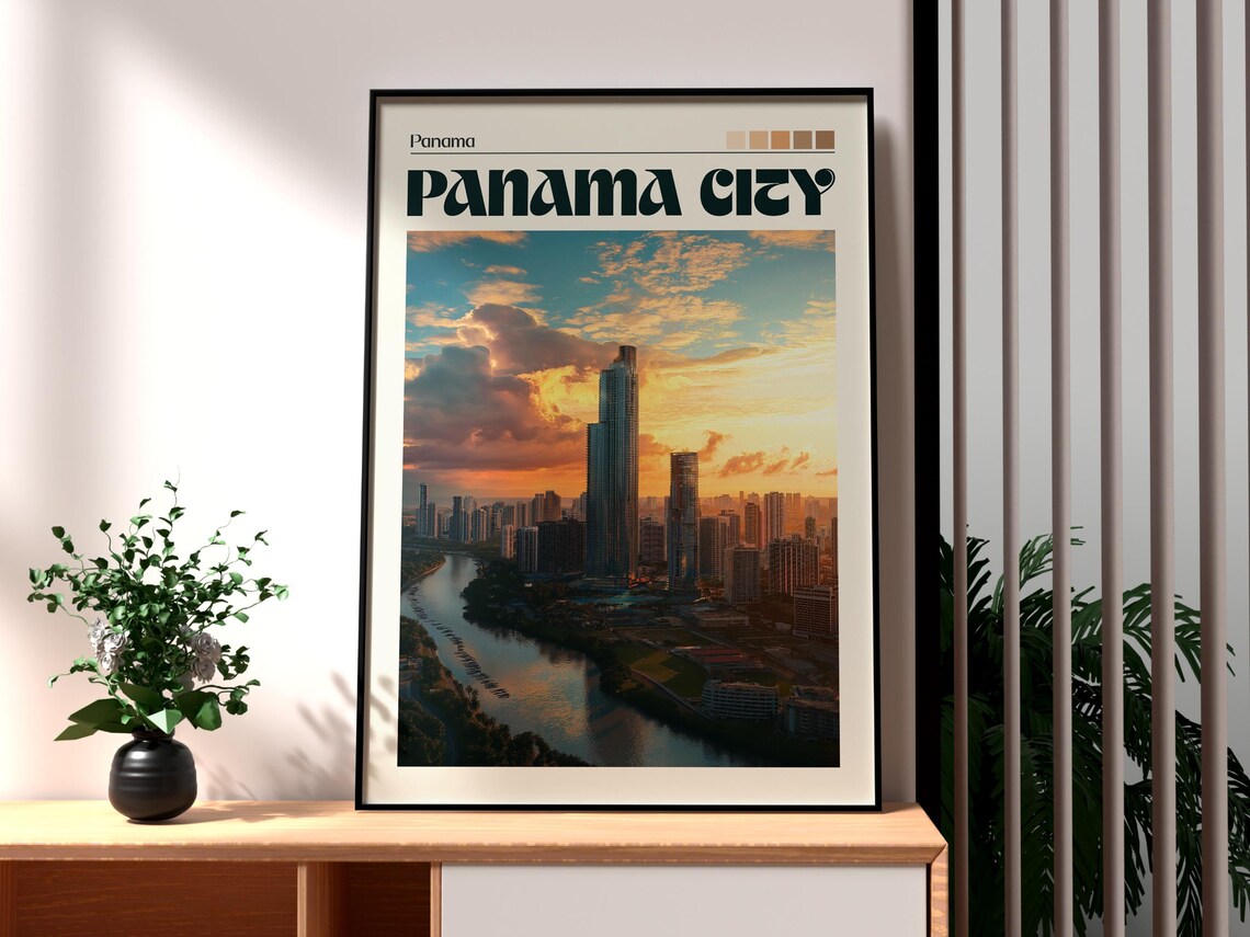 Panama City Panama Modern Skyline River Sunset Aerial View Travel Poster