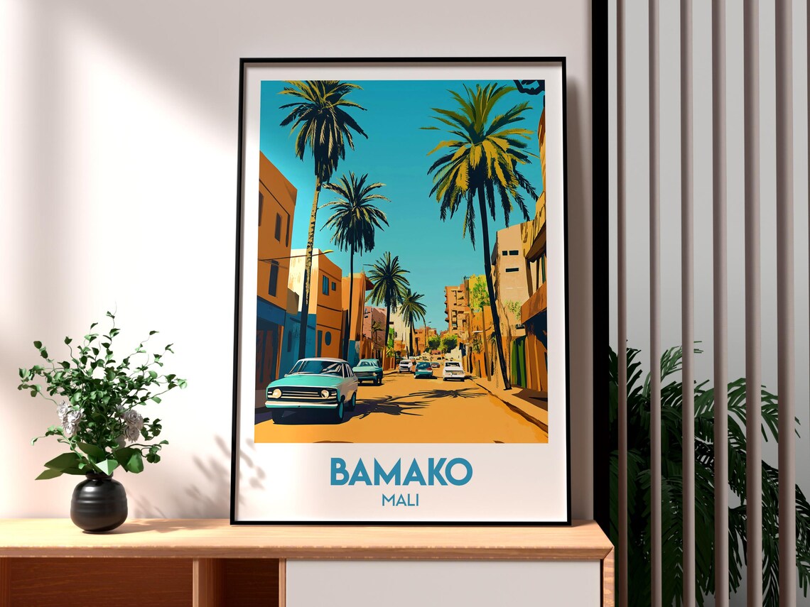 Bamako Mali Palm Street Vintage Cars African City Travel Poster