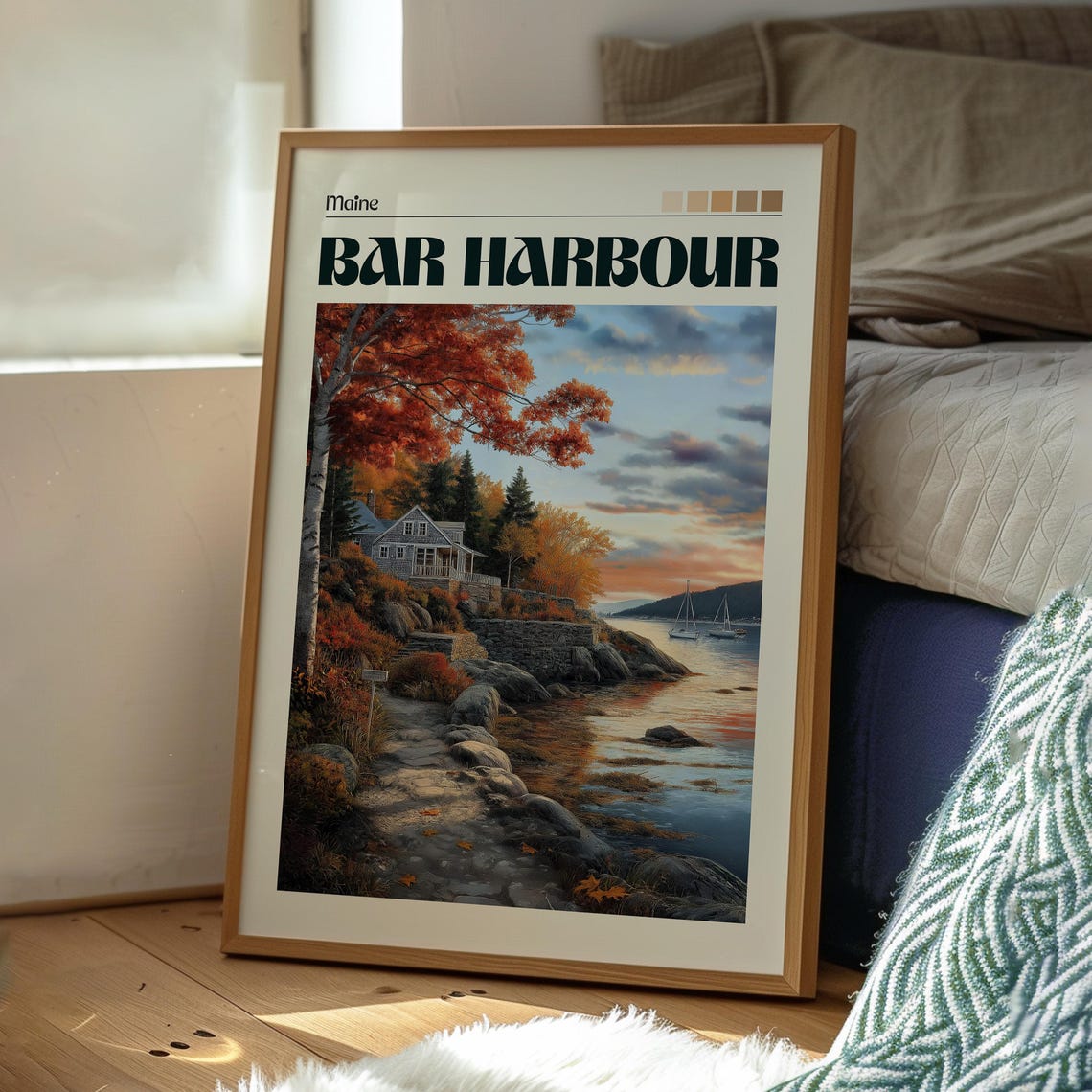 Bar Harbour Maine Autumn Coast Cottage and Sailboat Travel Poster - Image 3