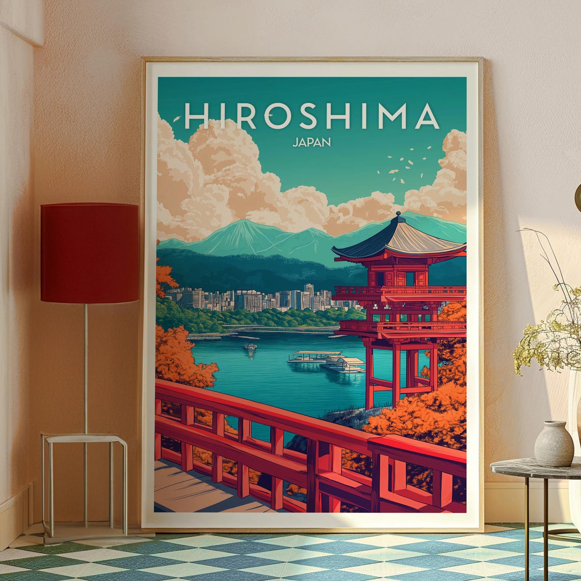 Hiroshima Japan Red Pagoda Lake View Cherry Trees Travel Art Poster - Image 2