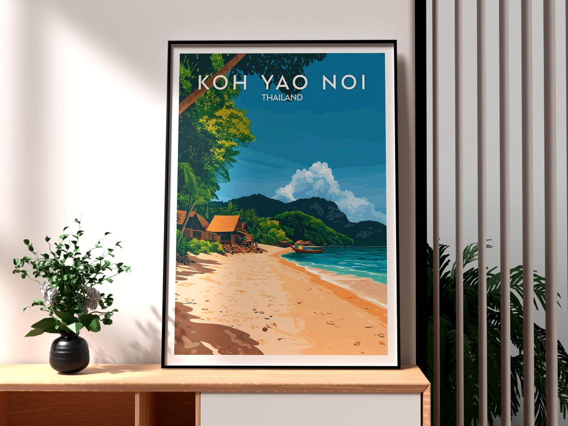 Koh Yao Noi Thailand Tropical Beach Huts Mountain Travel Poster
