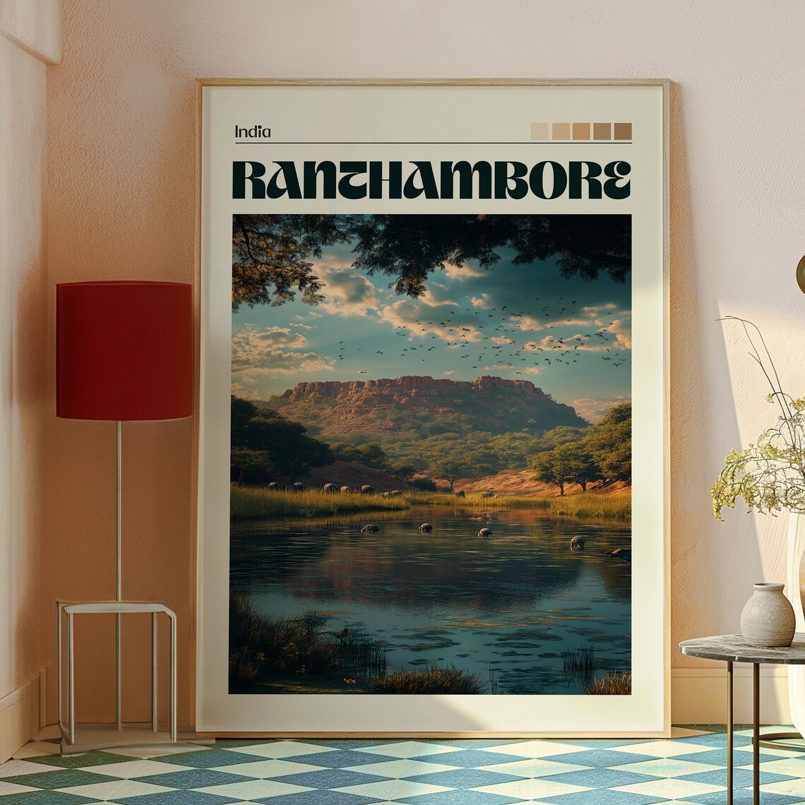 Ranthambore India Wildlife Lake Deer Scenic Retro Travel Poster - Image 2
