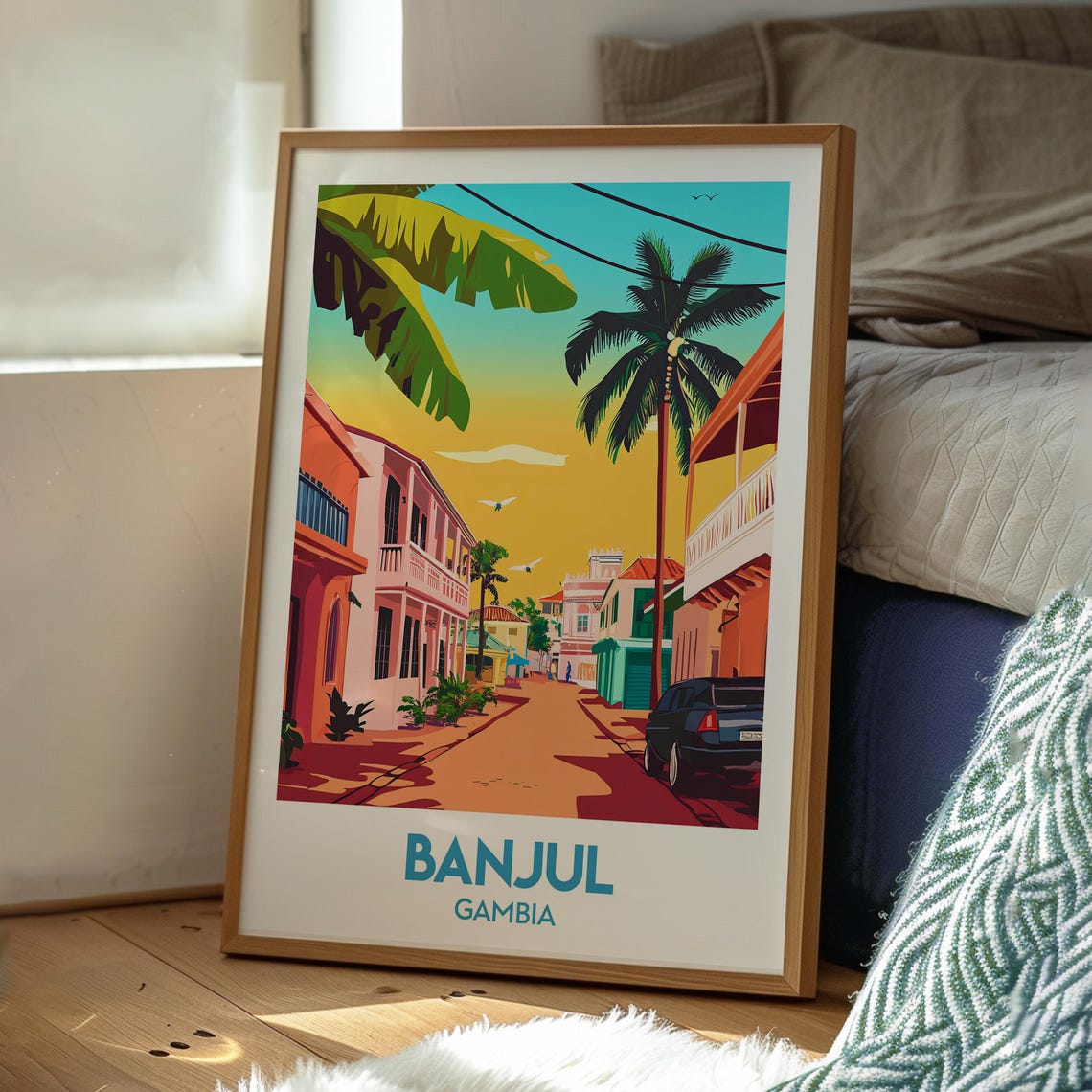 Banjul Gambia Colonial Street Palm Trees Sunset Travel Poster - Image 3