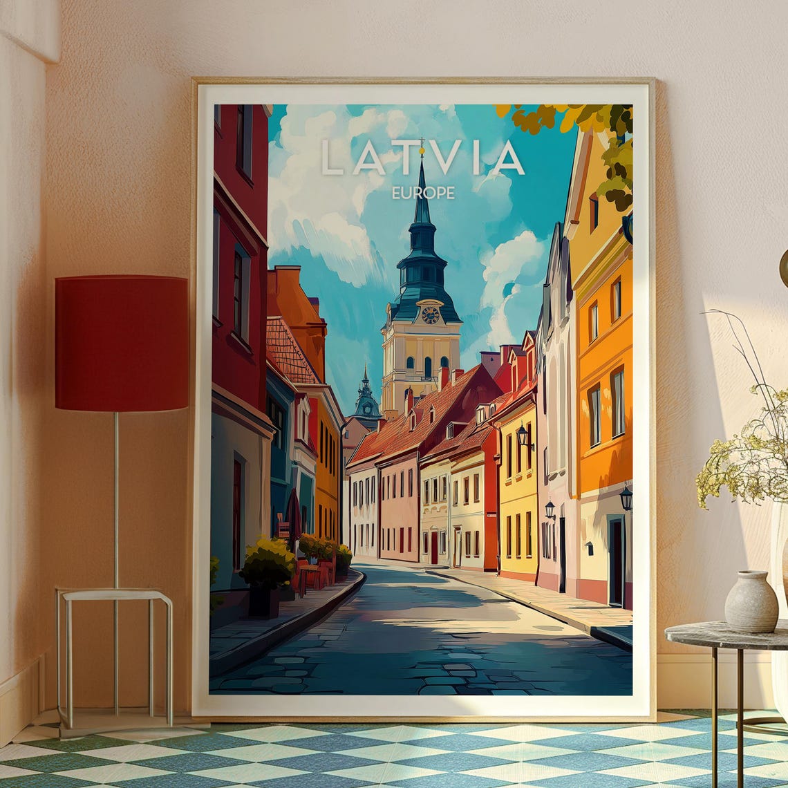 Latvia Riga Old Town Cobblestone Street Church Spire Travel Poster - Image 2