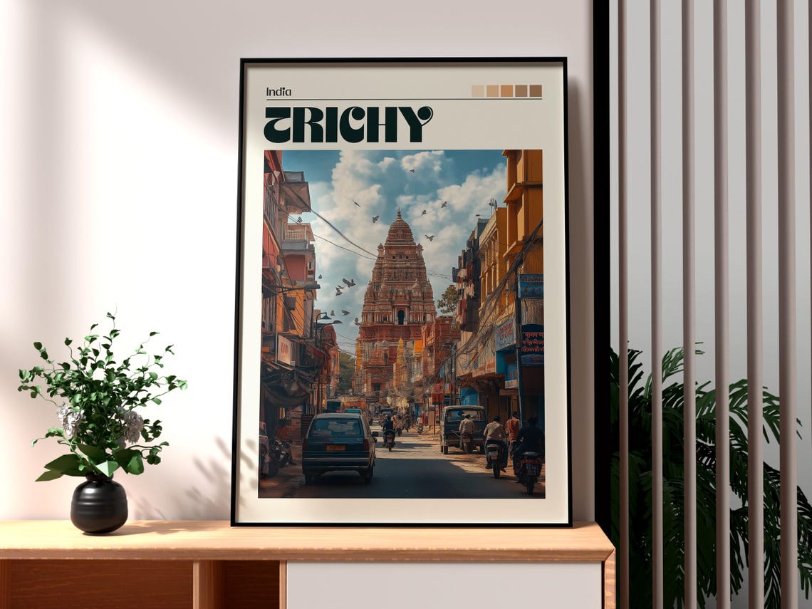 Trichy India Temple Tower Bustling Street Colorful Travel Poster
