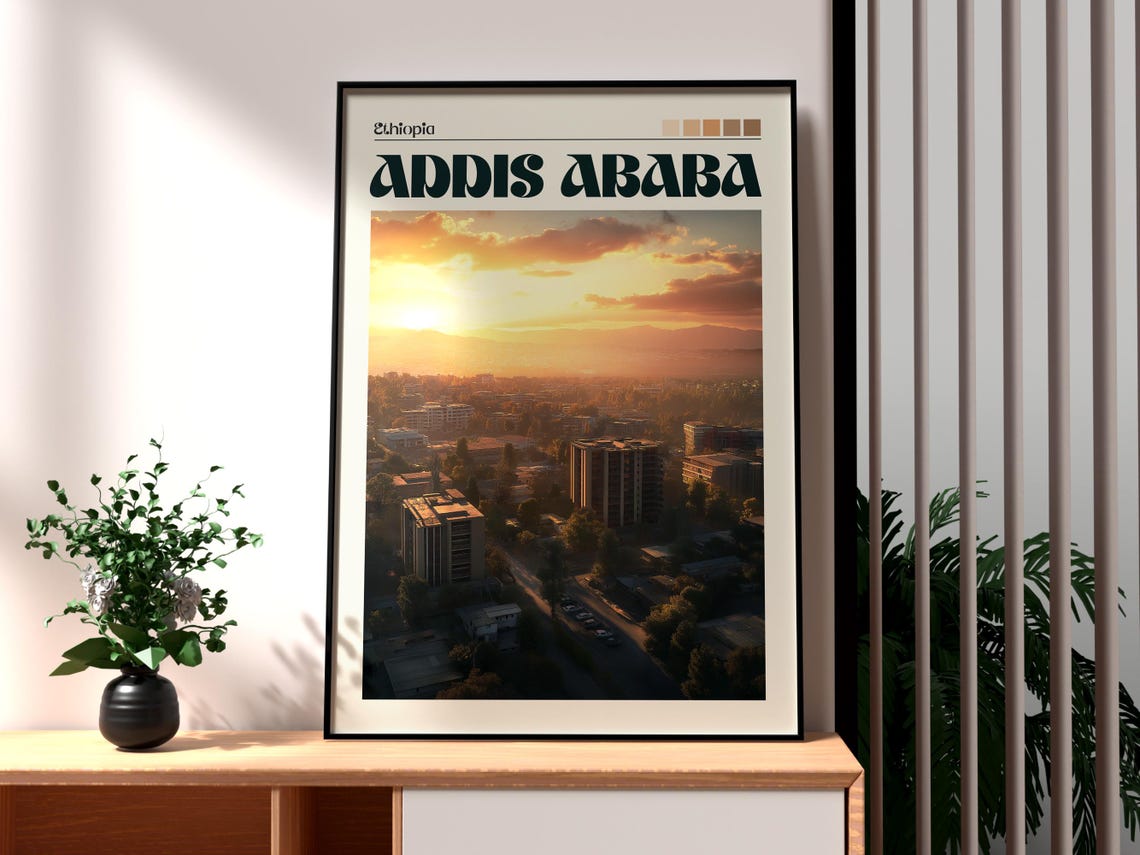 Addis Ababa Ethiopia City Sunset Panorama Retro Travel Wall Poster