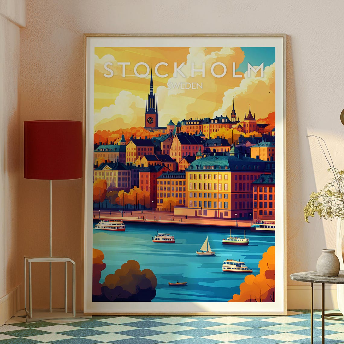Stockholm Sweden Golden Autumn Old Town Waterfront Boats Poster - Image 2