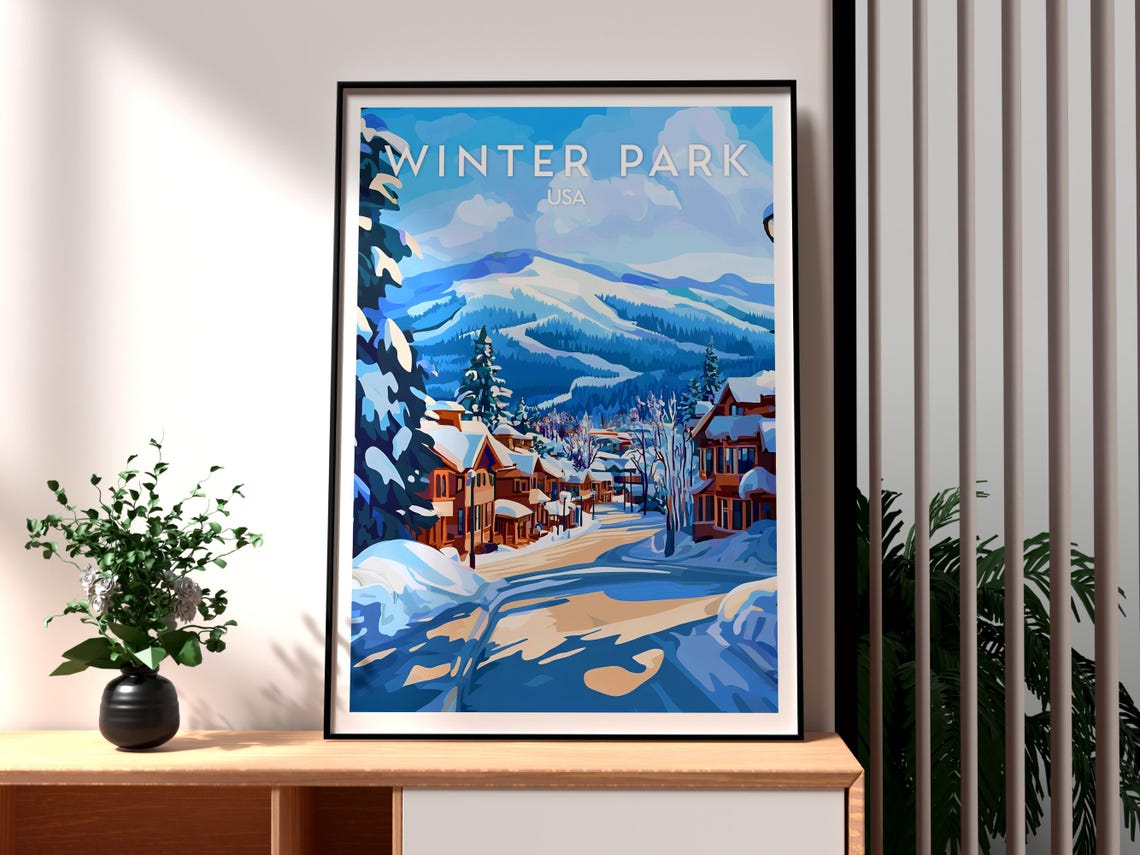 Winter Park USA Snowy Main Street Ski Slopes Mountain Town Poster