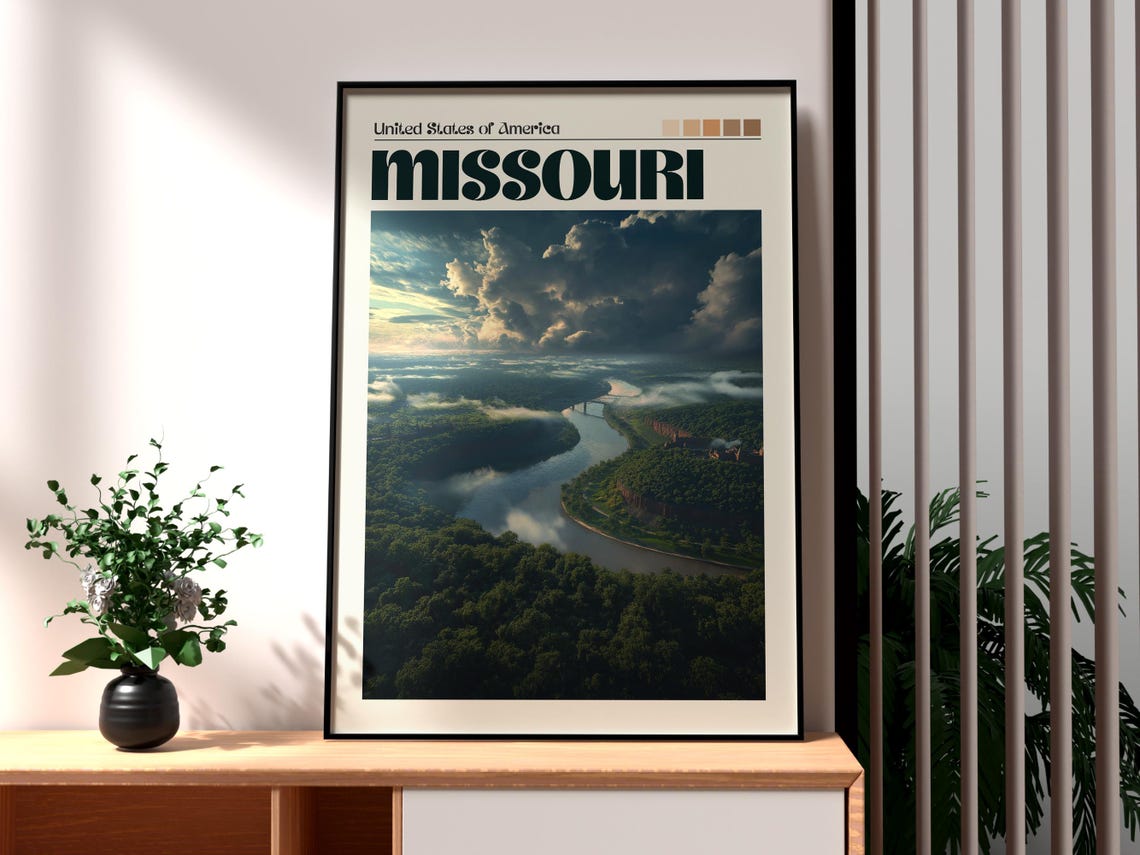 Missouri USA River Bend Forest Valley Aerial Clouds Art Poster