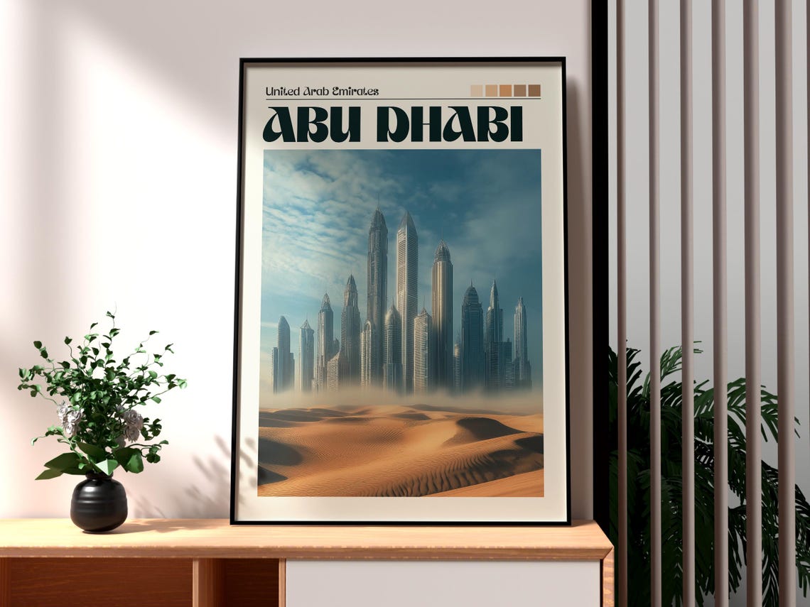Abu Dhabi United Arab Emirates Skyline Desert Sunset Retro Art Poster